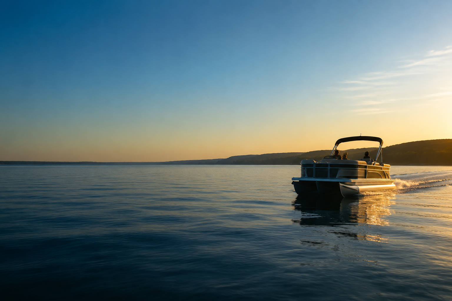 A pontoon boat cruising on calm Finger Lakes water at sunset